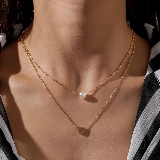 Velvet Echo Heart Necklace Double Layer - Zinc Alloy ;Retro Elegant Jewelry